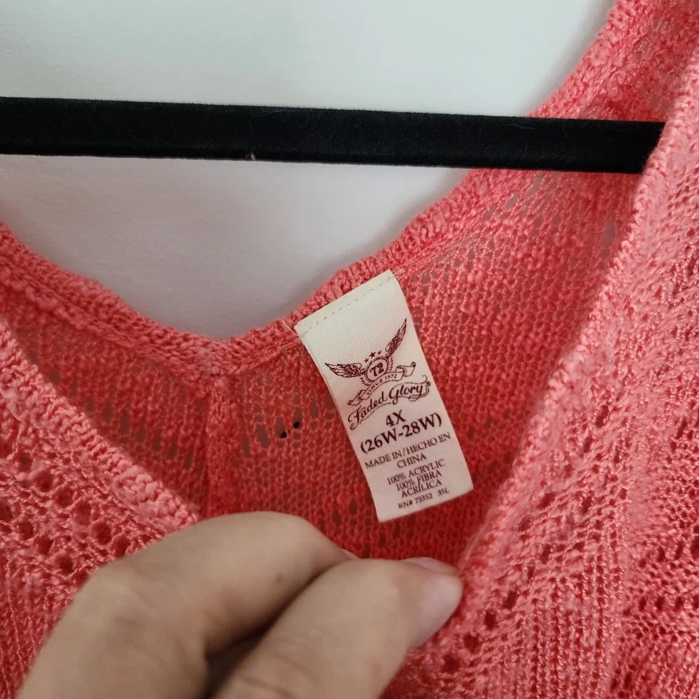 Faded Glory Cosmo Coral Pointelle Knit V-Neck Kimono Sleeve Sweater Top 4X Plus